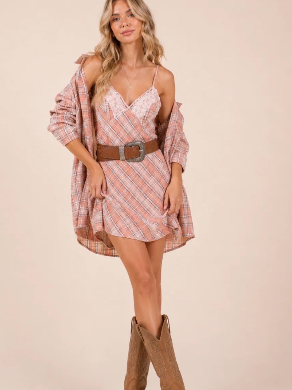 Plaid Pink Lace-Trim Slip Dress and top western rodeo